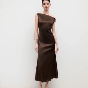 Cider Satin Asymmetrical Neck Backless Maxi Dress Elegant Brown One-Shoulder
